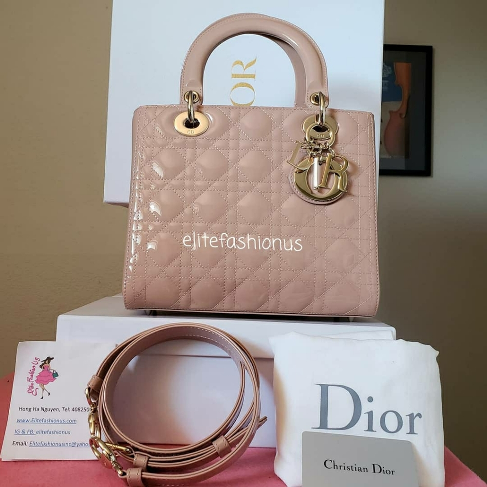 Lady Dior pink blush patent gold hardware new bag Medium